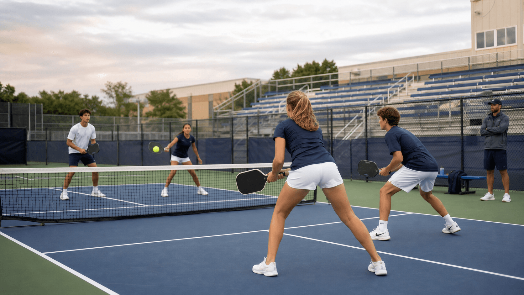 High school students playing pickleball on an outdoor athletic court